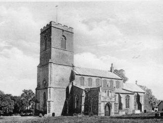 (Post card.) St. Peter and St. Paul's the oldest of Fressingfield's Churches.The lozenge shaped clock has been replaced .