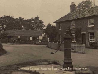 A post card of Jubilee Corner when the forge was working the post office was at Jubilee House and the Jubilee pump was still standing.